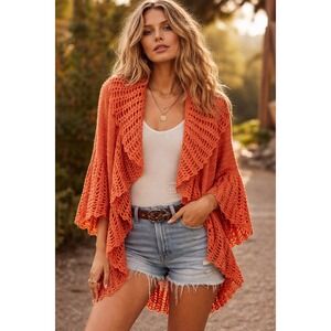 Felicity Orange Mohair Open‎ Knit Crochet Cardigan Bell Sleeve Oversized L Boho